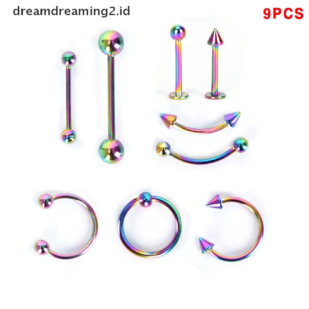 (hot) 9pcs Cincin Bola Barbel Alis Bibir Hidung Stainless Steel Perhiasan Tubuh//