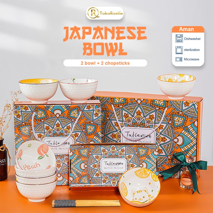 Mangkok Jepang Bohemian Keramik Sumpit Set 2 Hampers Tr0330