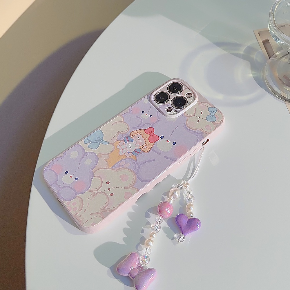 IPHONE Kartun Putri Salju Putih Ungu Muda Perlindungan Penuh Casing Ponsel Cover Manik-Manik Hati Liontin Untuk Iphone11 12 13 14 PLUS PRO MAX
