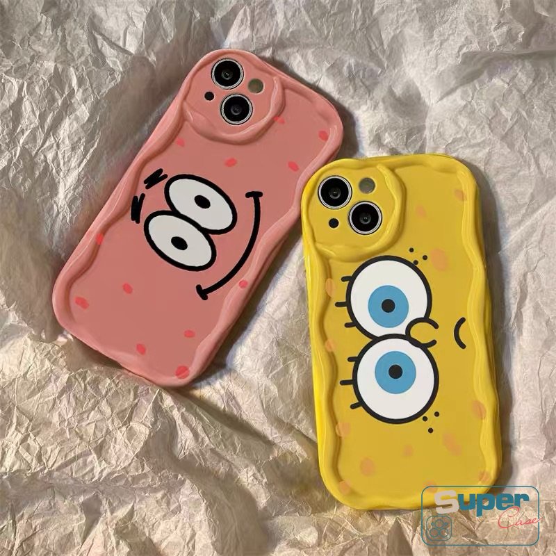 Casing Kartun Shockproof Kompatibel Untuk IPhone 7Plus XR 6s 6 7 8 Plus 13 14 11 12 Pro Max X XS Max SE 2020 Star 3D Wavy Curved Edge Cute SpongeBob Patrick Airbag Glossy Soft Cover