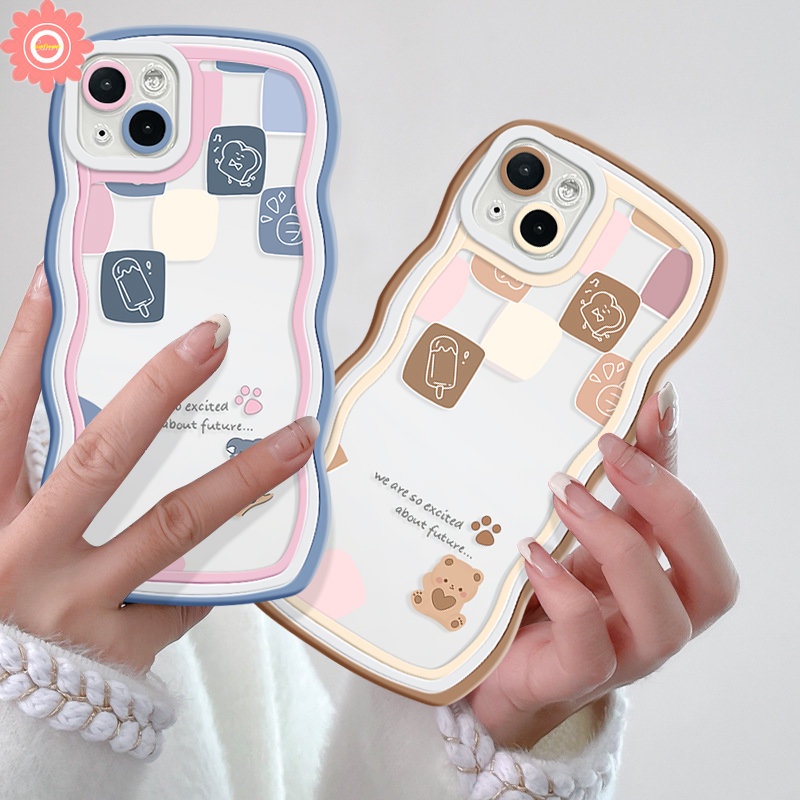 Case Realme C53 C15 C20 C25s C25 8Pro 7 9Pro+10 9 C35 C25Y C21Y C33 C20A C30 C12 C11 5 7i 6i 8 5s 9i 8i 5i C3 C17 Ice Cream Lucu Kartun Beruang Kotak-Kotak Couple Wavy Edge Soft Sarung Tpu