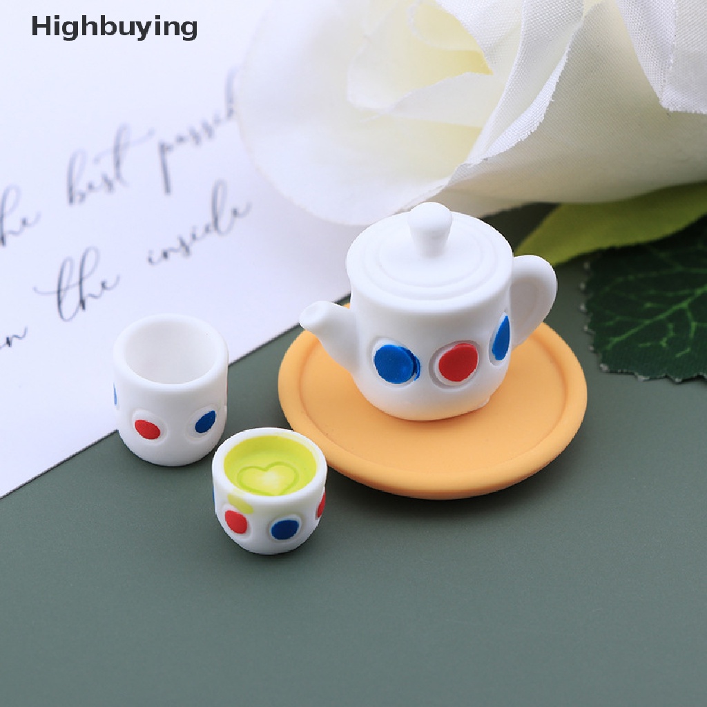 Hbid 4Pcs/Set Peralatan Makan Teko Cangkir Saucer Tray Plate Tea Set Pot Dekorasi Dapur Rumah Boneka Miniatur Diy Hadiah Aksesoris Boneka Glory