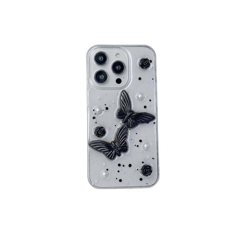 Untuk Iphone14 13 12 11 Pro MAX Plus Mini Border Potective Bening Lembut Silicone Cover Keren Rantai Logam 3D Hitam Butterfly Phone Case Untuk iPhone X XS MAX XR 7 8 Plus SE 2022 2020