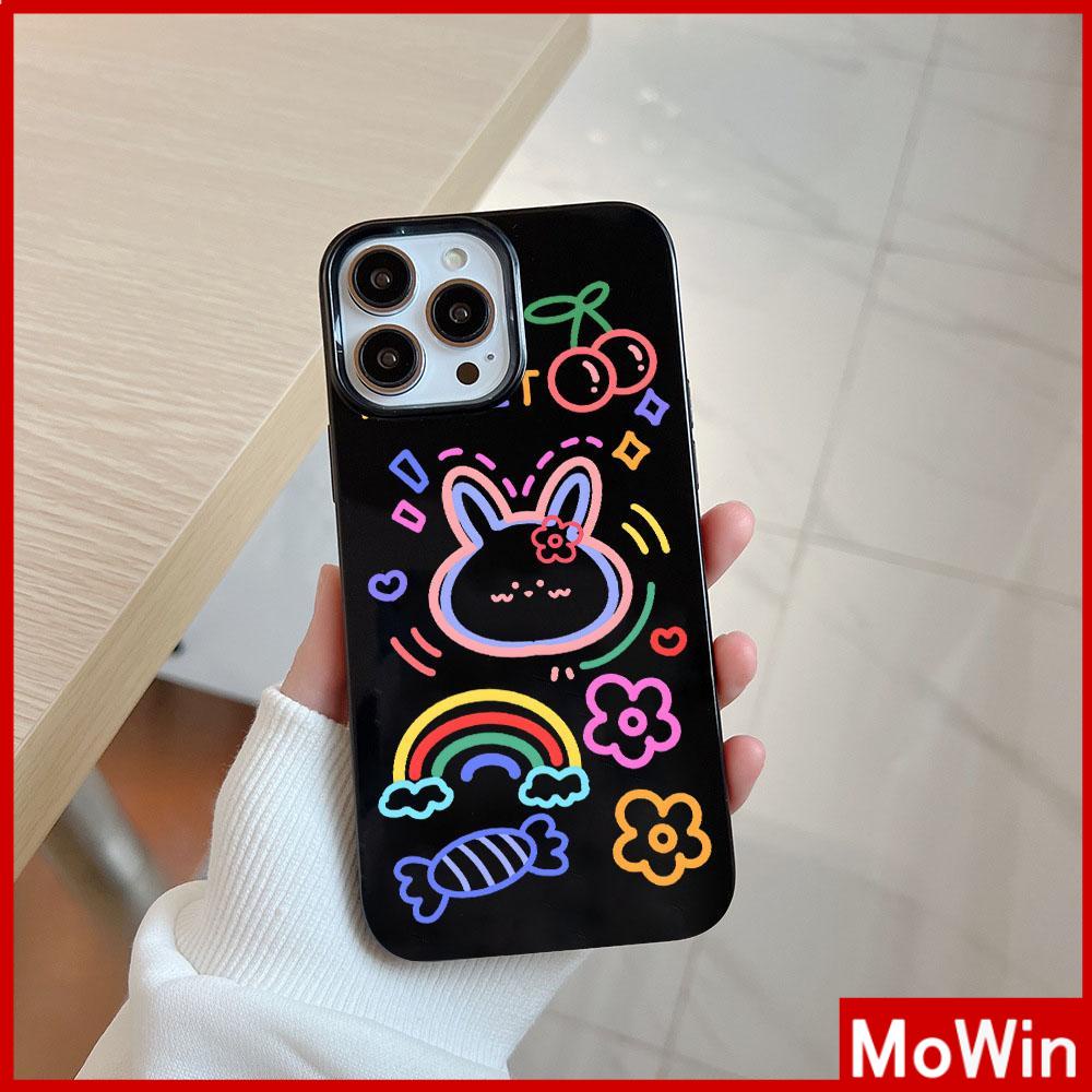 For iPhone 14 Pro Max iPhone Case Black Glossy TPU Soft Case Shockproof Protection Camera Cute Rainbow Bunny  Compatible with iPhone 13 Pro max 12 Pro Max 11 xr xs max 7Plus 8Plus