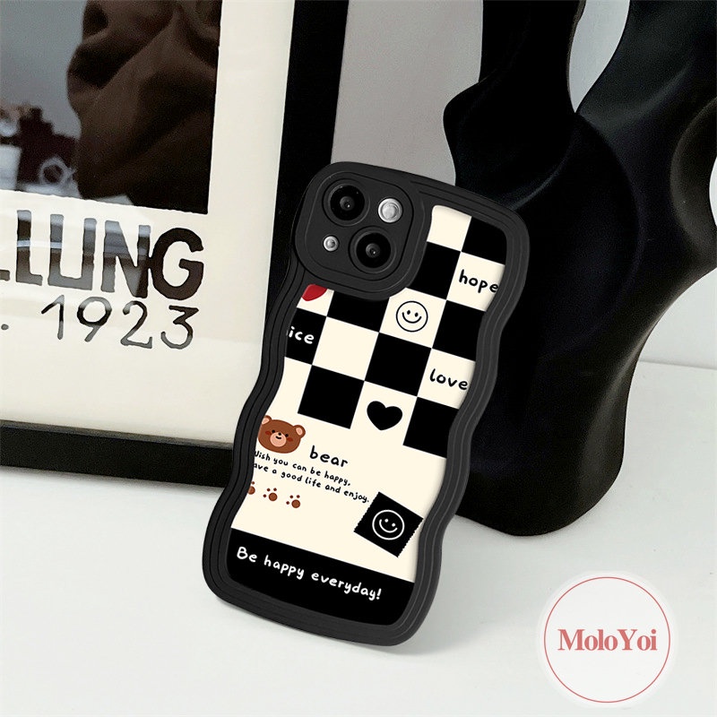 Chessboard Cute Bear Case Kompatibel Untuk iPhone 7Plus 11 14 13 12 Pro Max 14 6s 6 7 8 Plus XR X XS Max SE 2020 Wavy Edge Lembut Tpu Pasangan Smile Love Heart Cover