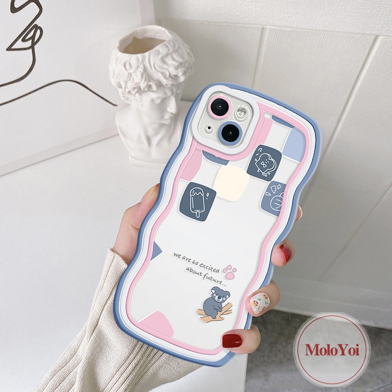 IPHONE Casing Ponsel Kompatibel Untuk Iphone11 6s 7 8 6 14 Plus 13 14 12 Pro MaxX 7Plus XR XS Max SE 2020 Lucu Kartun Beruang Pasangan Wavy Edge Soft Tpu Plaid Ice Cream Cover