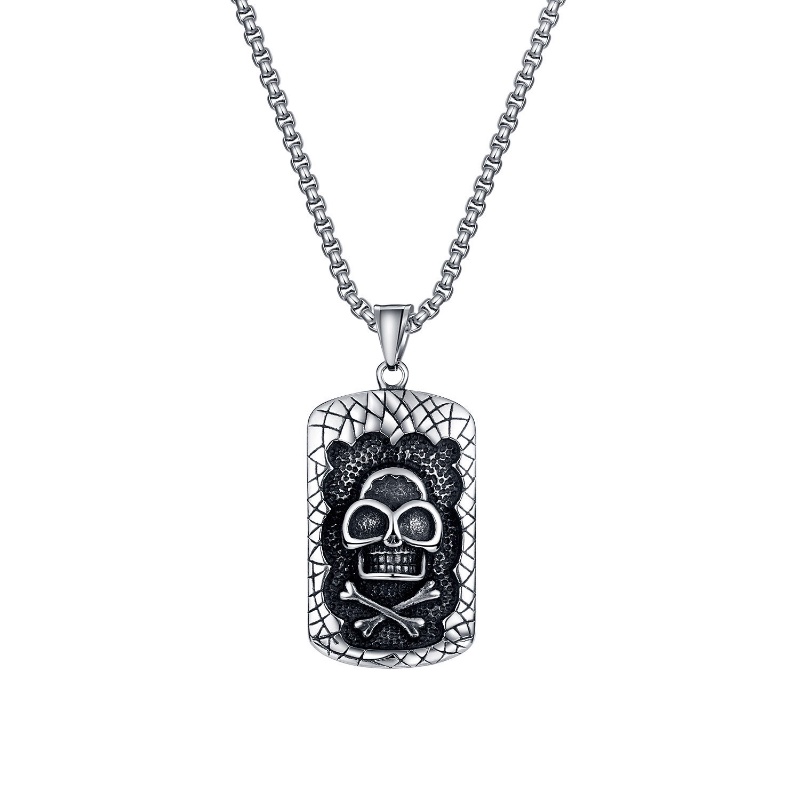 [X C Kalung] Baru Silvery Square Skull Head Titanium Steel Liontin Punk Hip Hop Stainless Steel Kalung Hadiah Pesta Ulang Tahun Untuk Pria Dan Wanita