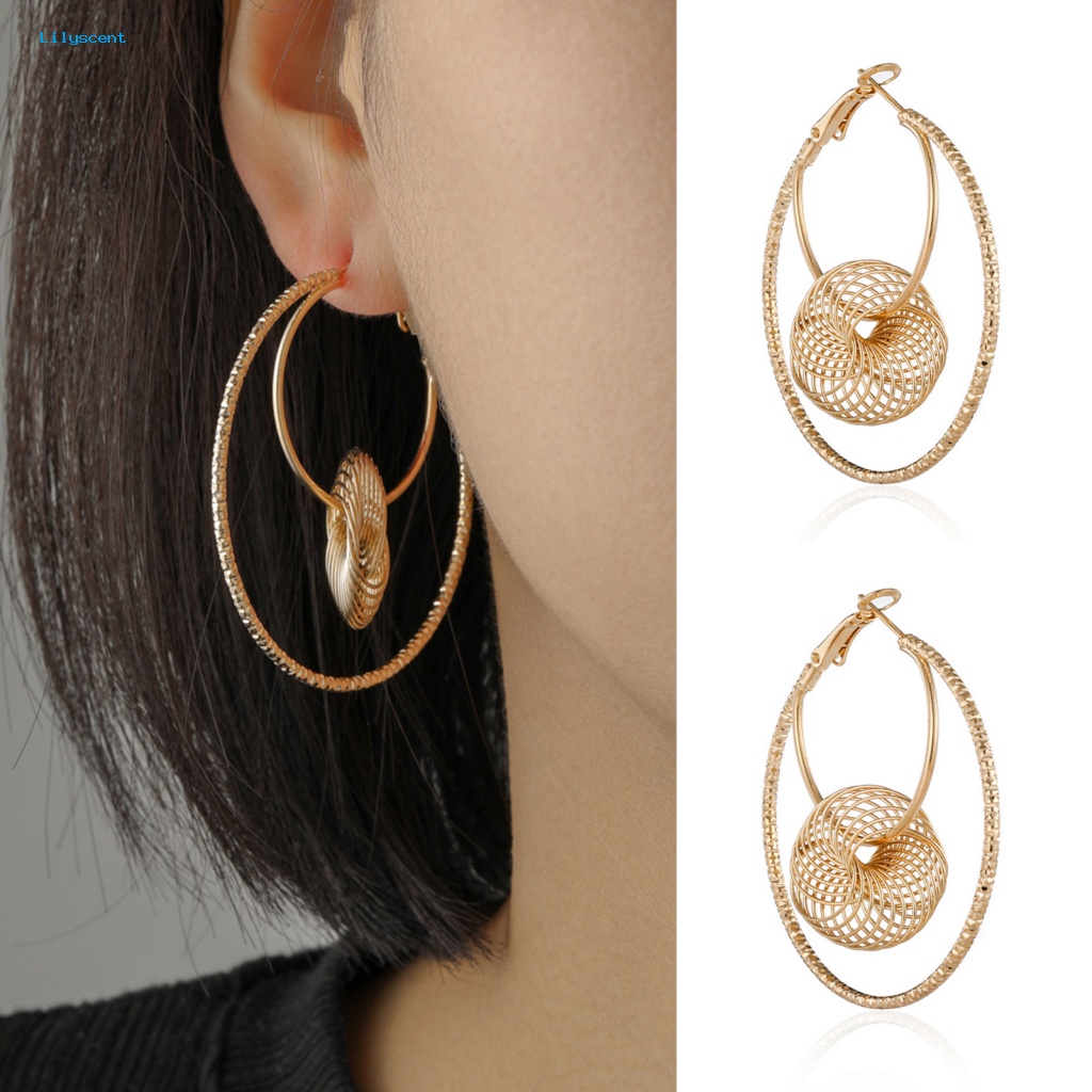 Lilyscent 1pasang Anting Hoop Halus Fashion Perhiasan Geometris Berongga Logam Lingkaran Anting Golden