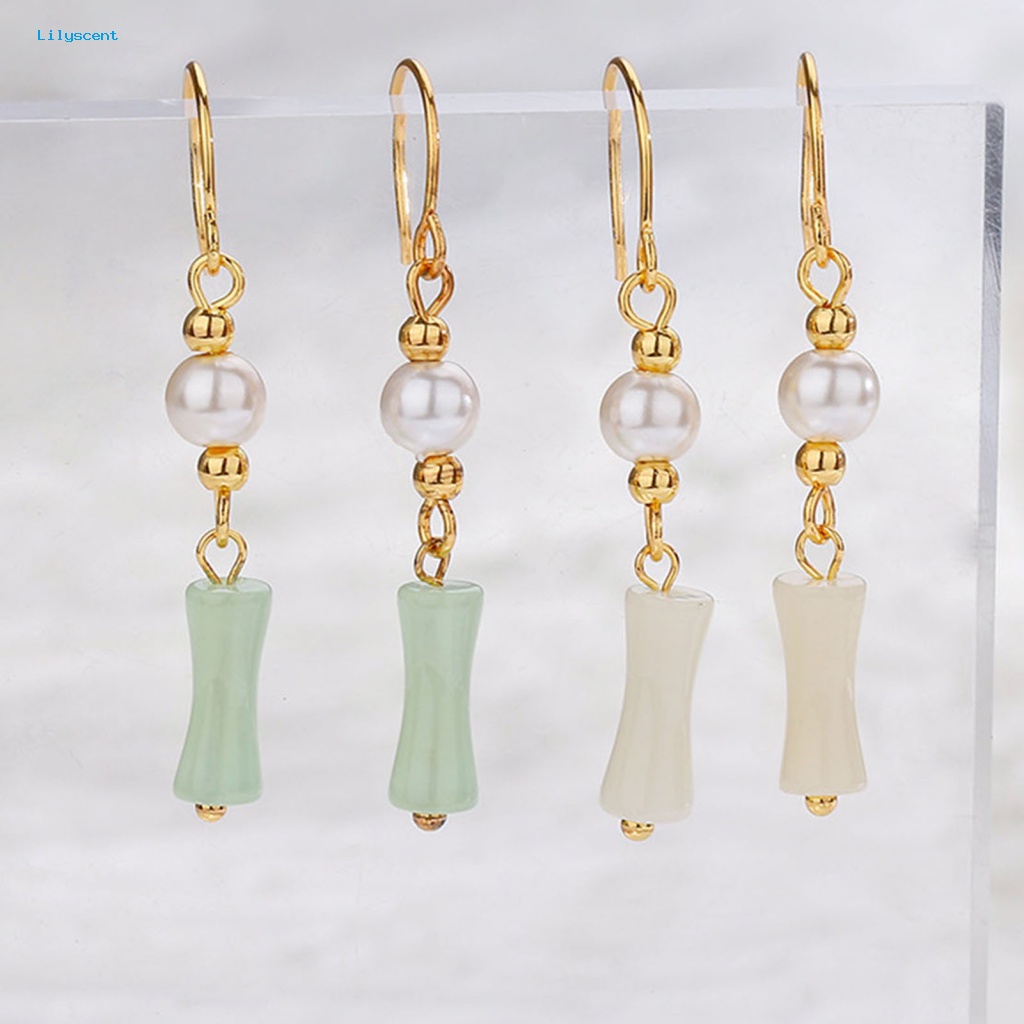 Lilyscent 1pasang Padat Wanita Anting Fashion Perhiasan Putih Imitasi Giok Bambu Bersama Women Earrings Faux Pearl Bead