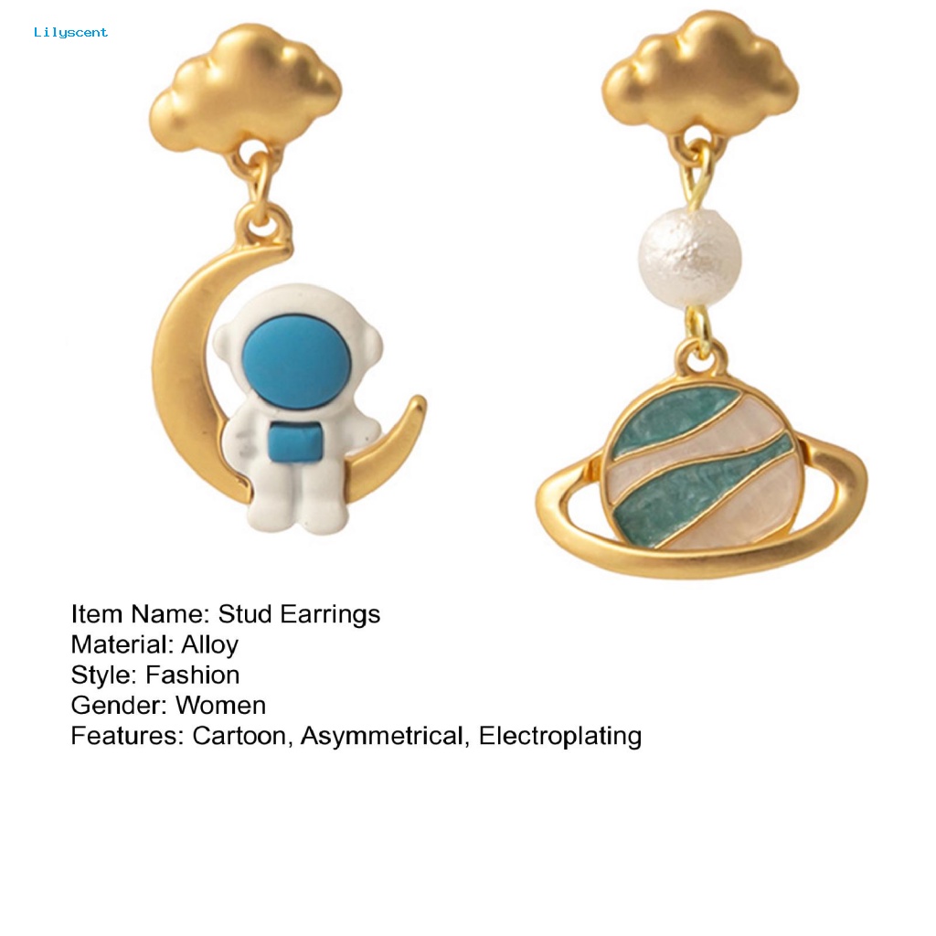 Lilyscent 1pasang Anting Liontin Sederhana Untuk Pacaran Indah Spaceman Planet Moon Pendant Stud Earrings Tiga Dimensi