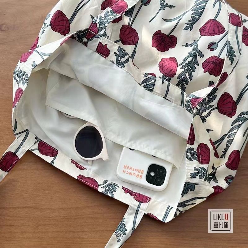 □Sera  Buatan Sendiri Versi Korea Niche Retro Perancis Poppies Bunga Seni Tas Bahu Tunggal Kasual Tas Kain Kapasitas Besar