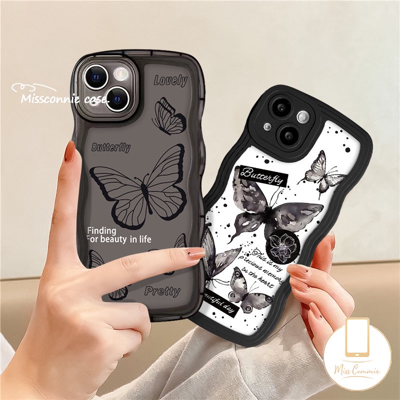 Casing Tepi Bergelombang Redmi 12C 9a1 10 10C 10A A1+9T 9A 9C NFC Redmi Note 10s 11 9s 8 9 11s 11 10 Pro Max Mi 11T Pro POCO M3 X3 NFC Pro Vintage Black Fantasy Bunga Kupu Kupu Sarung Soft Cover