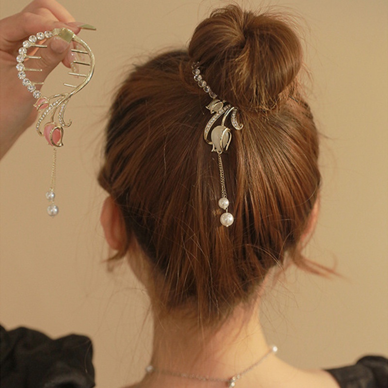 Elegan Bunga Tulip Rumbai Alloy Hair Clip Ponytail Gesper Jepit Rambut Aksesoris Rambut Wanita