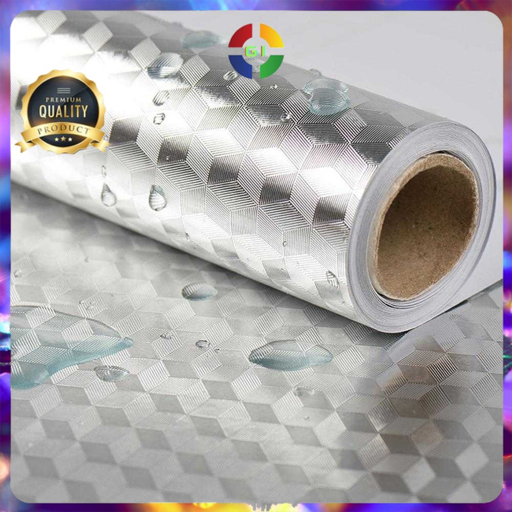 Wallpaper Anti Minyak Aluminium Foil Waterproof 300x60cm Cubic Silver