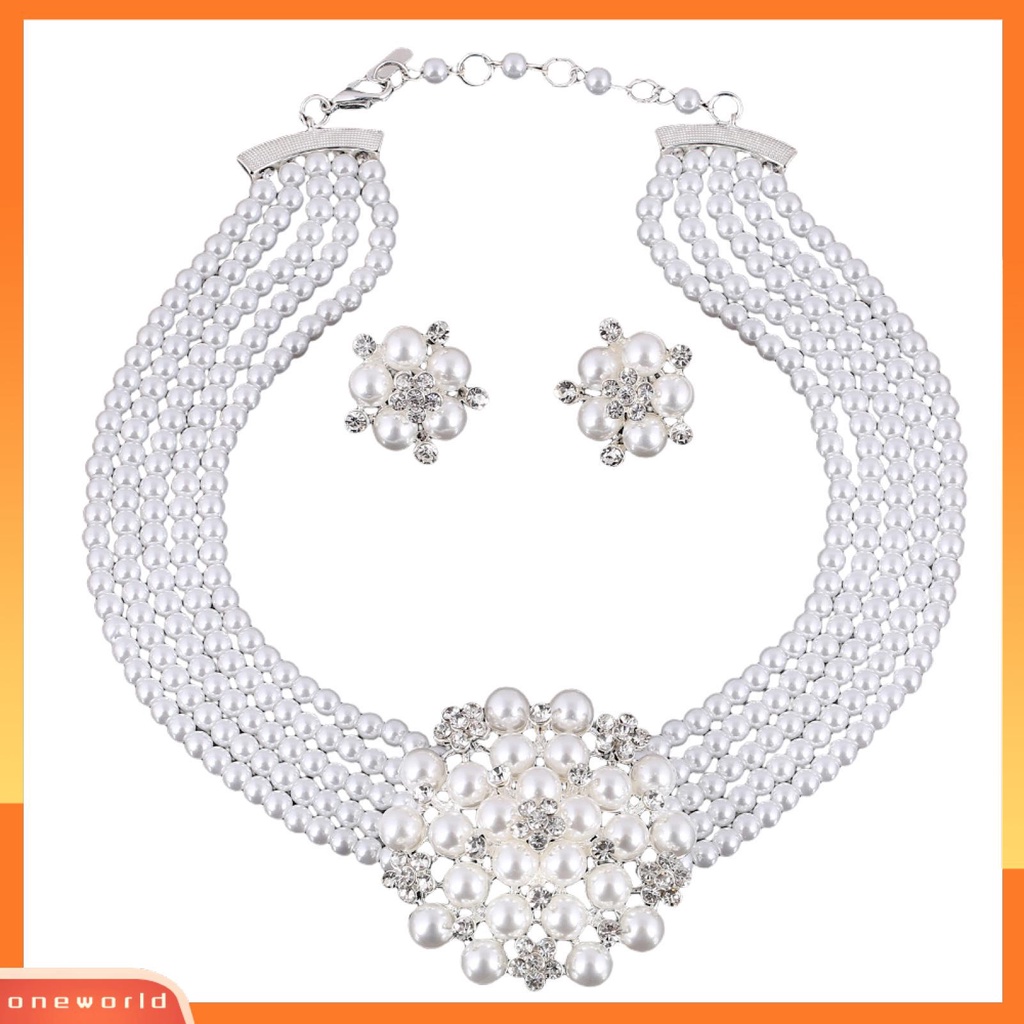 [ONE] 1set Kalung Anting Set High Gloss Mengkilap Terang Kilau Diikat Manik-Manik Mutiara Imitasi Bunga Pernikahan Pengantin Kalung Anting Perhiasan Hadiah