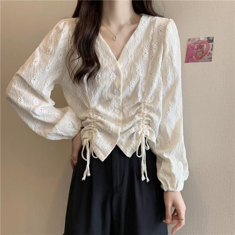 Red Atasan kemeja wanita gaya awal musim gugur V-neck berongga ceruk rasa desain double drawstring slimming western chic chic kemeja kecil yang indah