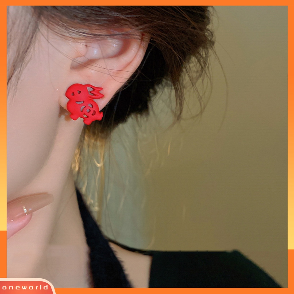 [EONE] 3pasang Anting Wanita Anting Telinga Merah Manis Dekorasi Gaya China Kartun Kelinci Anting Tusuk Untuk Pacaran