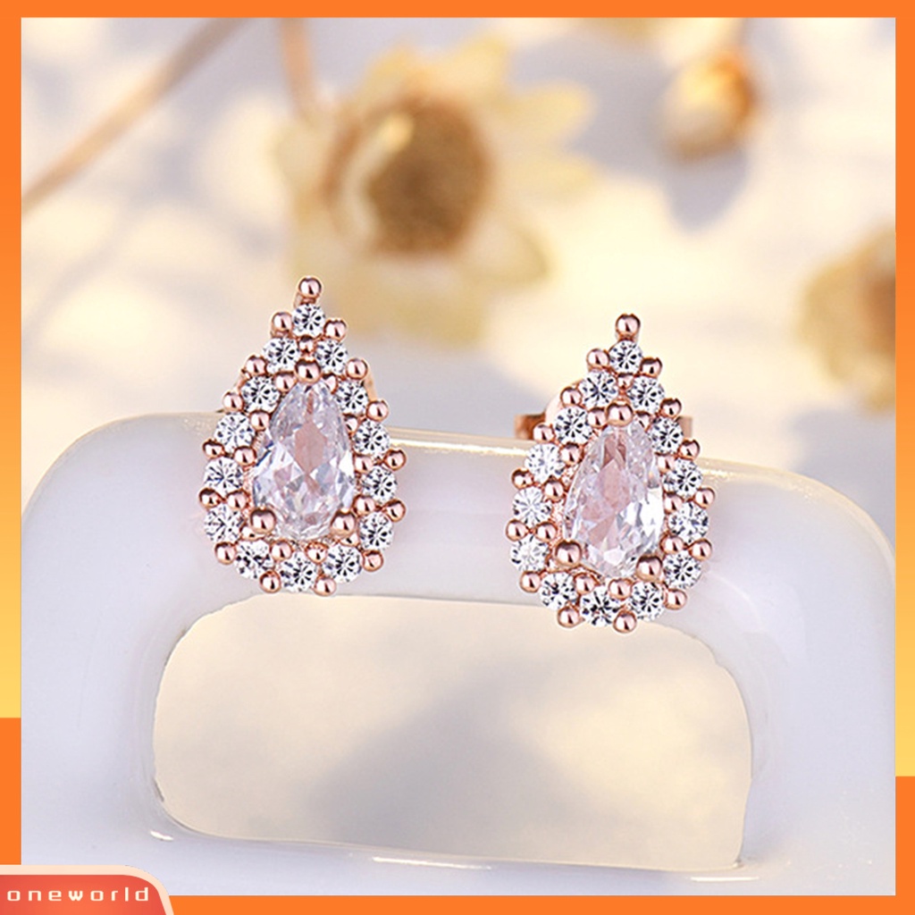 [EONE] 1pasang Ear Studs Vintage Temperamen Shiny Cubic Zirconia Hias Electroplating Dress Up Hadiah Wanita Perempuan Water Drop Stud Earrings Perhiasan Aksesoris