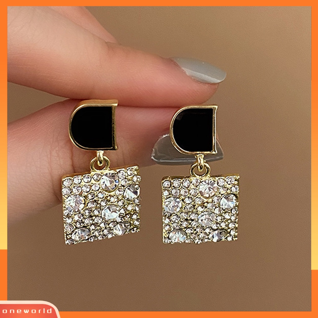 [EONE] 1pasang Anting Pejantan Hitam D Geometris Elegan Retro Mewah Hypoallergenic Berlian Imitasi Square Menjuntai Earrings Fashion Perhiasan