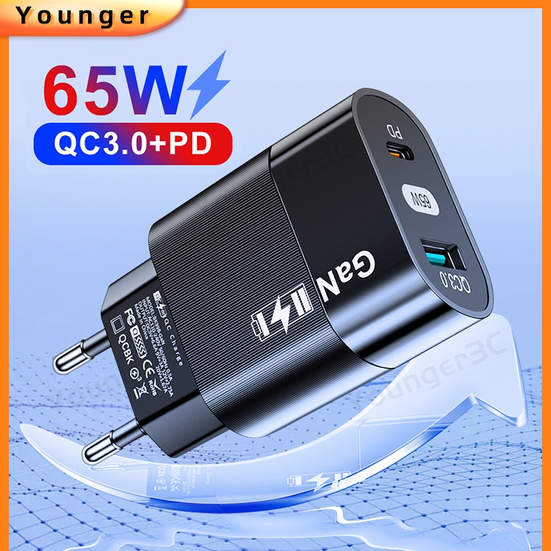 65w QC3.0+PD Gallium Nitride Power Adapter PD33W GaN Fast Charging Charger Handphone Untuk ios Android Tipe C