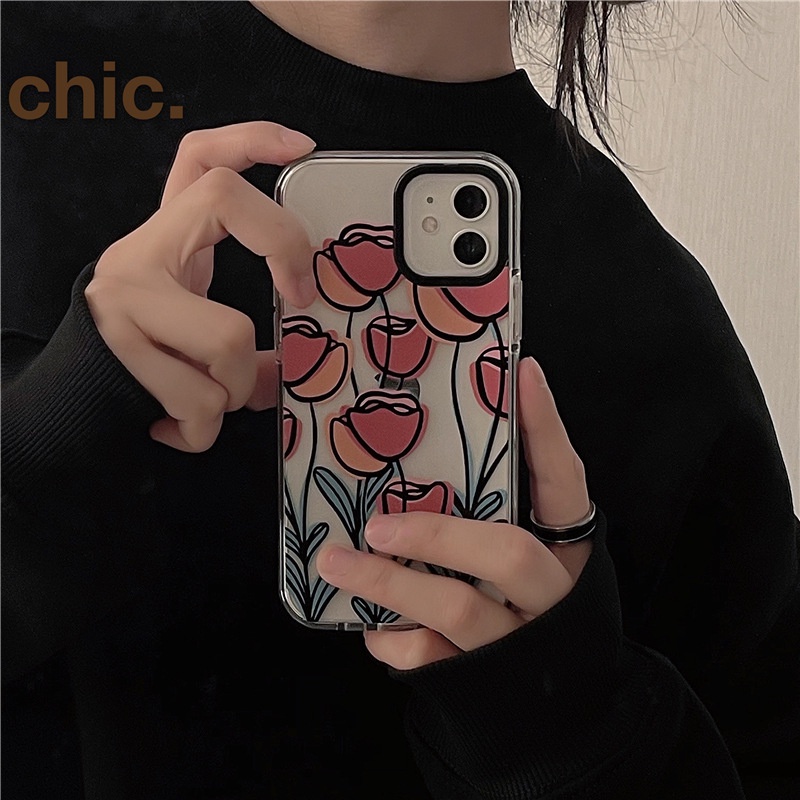 IPHONE Cover Casing Handphone Pelindung Vintage Doodle Tulip Transparan Lembut Untuk Iphone7 8 PLUS X XR Xs11 12 MINI PRO MAX