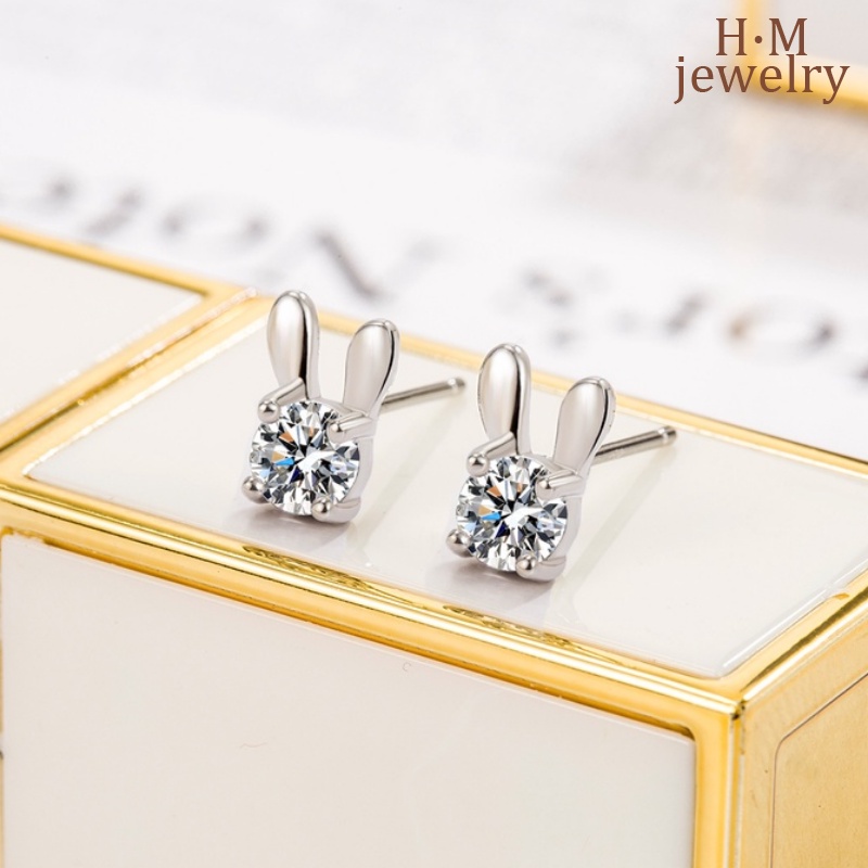 S925 Perak Sederhana Dan Kompak Lucu Kelinci Pejantan Anting-Anting Bertatahkan Berlian Imitasi AAA Zirkon Anting-Anting Tidur Tidak Perlu Dilepas