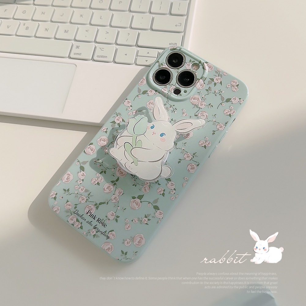 IPHONE Vintage Bunga Mawar Aqua Biru Perlindungan Penuh Casing Ponsel Cover Dengan Kartun Kelinci Rabbit Holder Untuk Iphone11 12 13 14 PLUS PRO MAX