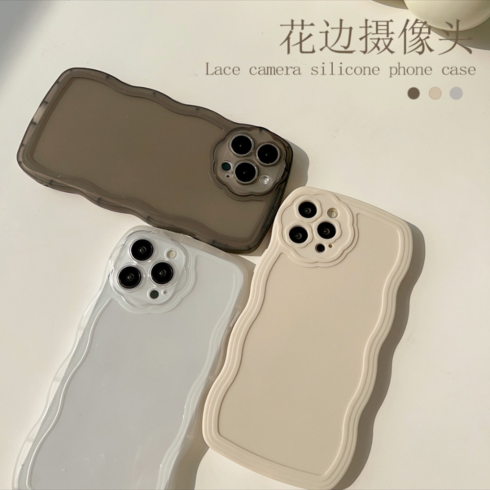 IPHONE Warna Solid Transparan Berbentuk Bunga Pelindung Lensa Kamera Bentuk Gelombang Soft Phone Case Cover Untuk Iphone7 8 PLUS X XR XS 11 12 13 14 PRO MAX SE 2020
