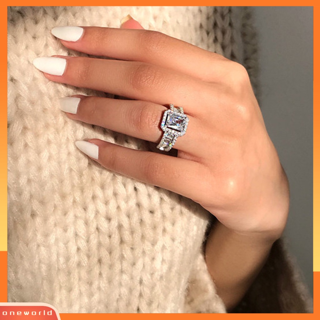 [EONE] Pernikahan Band Bersinar Persegi Berlian Imitasi Hypoallergenic Geometris Gaya Barat Hias Aksesori Bertatahkan Zirkon Lebar Band Cincin Wanita Perhiasan