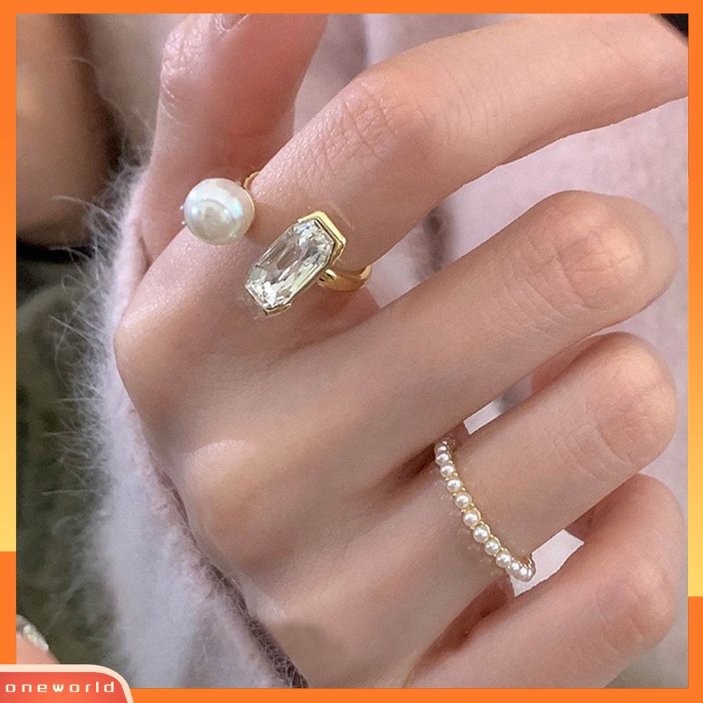 [EONE] Cincin Jari Telunjuk Tidak Luntur Elektroplating Adjustable Geometris Cubic Zirconia Dekorasi Hypoallergenic Trendi Mutiara Imitasi Terbuka Cincin Pacaran Memakai