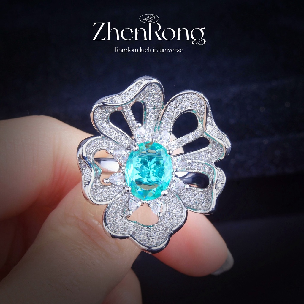 Goldkingdom Aksesoris Perhiasan Fashion Ready Stock Caibao Palaiba Tourmaline Ring Cantik Bunga Hidup Cincin Wanita Perak