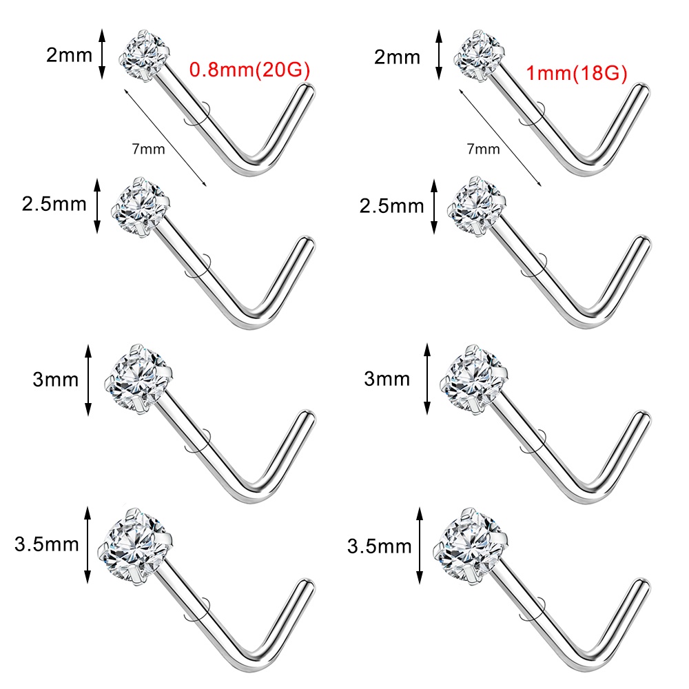 1pc 2.5/2.5/3.5mm Tindik Hidung Kristal925 Sterling Silver Nose Stud Zircon Nostril Piercing Bentuk L Hidung Stud 18G/20G