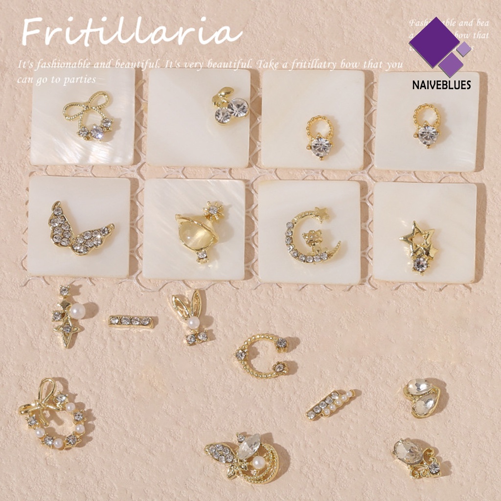 [naiveblues] 10pcs Manicure Decor Tiga Dimensi Bersinar Berkilau DIY Mutiara Tahan Karat Emas Hati Berlian Palsu