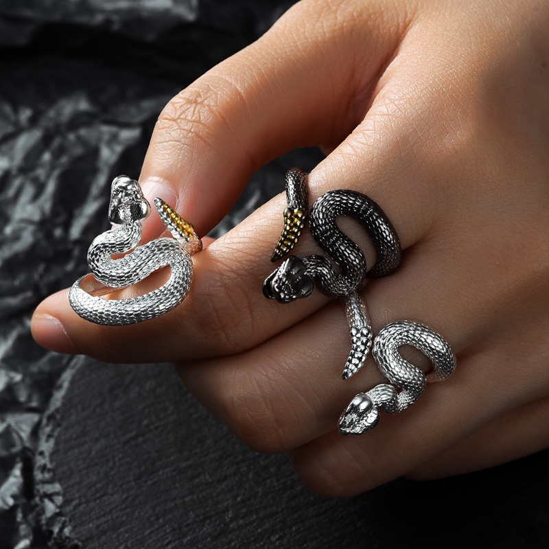 Fashion Sederhana Pria Wanita Vintage Ular Cincin Gothic Punk Hitam Putih Ular Kerincingan Pasangan Terbuka Adjustable Jari Rings Perhiasan