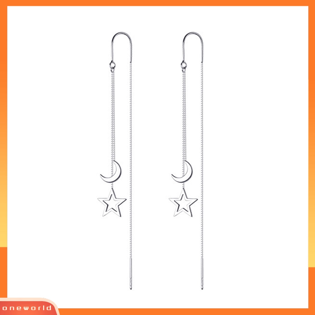 [EONE] 1pasang Anting Menjuntai Warna Perak Jumbai Super Panjang Mungil Bintang Bulan Liontin Wanita Linear Earrings Fashion Perhiasan