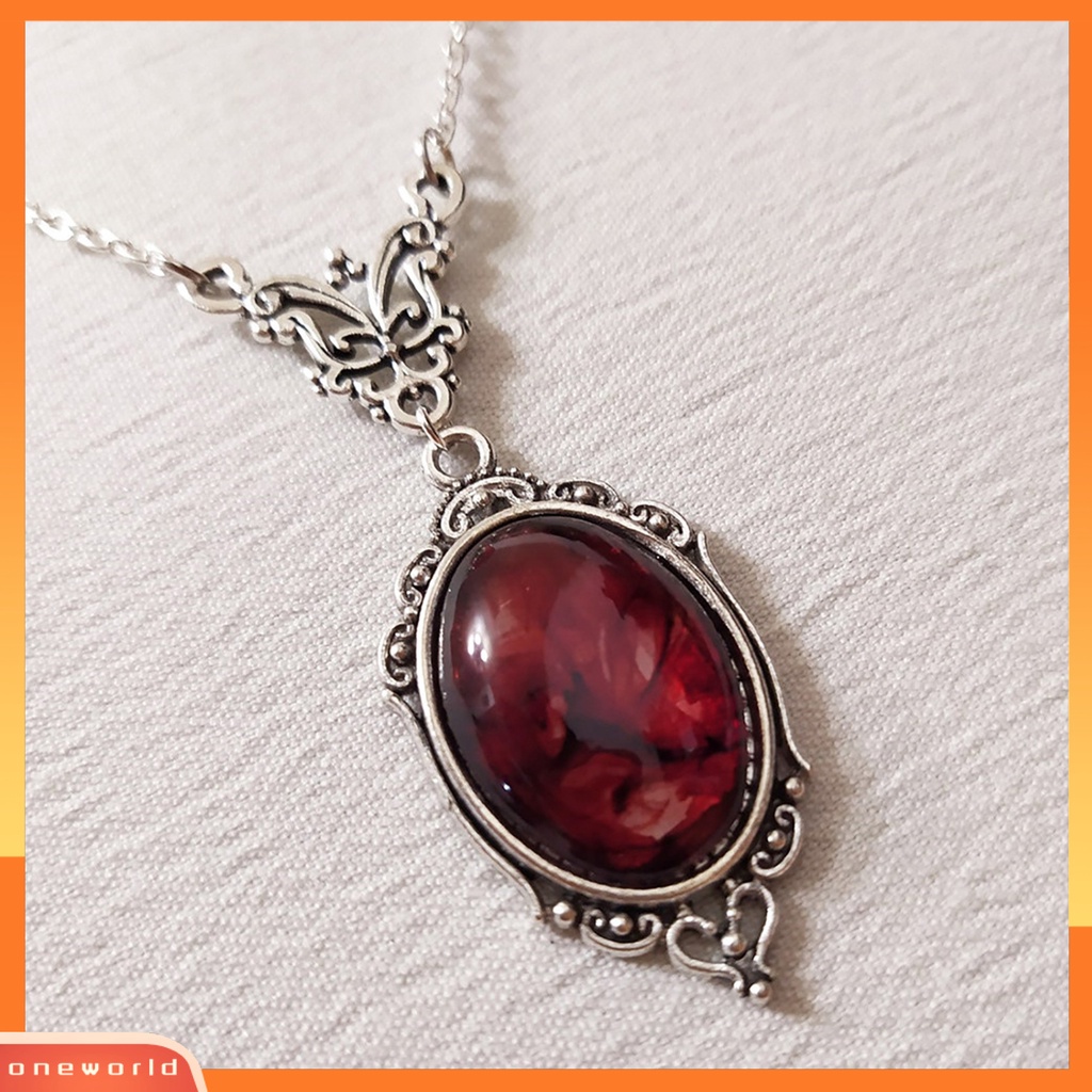 [EONE] Liontin Kalung Elegan Oval Desain Vintage Indah Merah Kuarsa Pesona Kalung Kupu-Kupu Kalung Pakaian Sehari-Hari