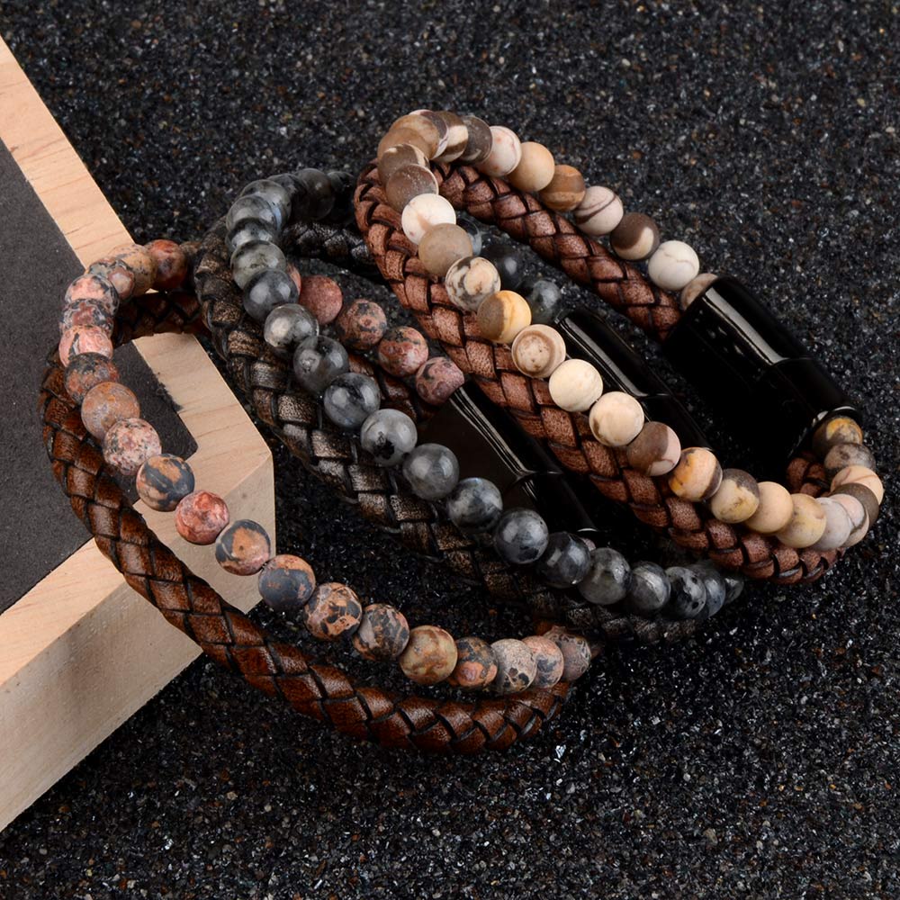 Batu Alam Kulit Dikepang Gelang Hitam Stainless Steel Magnetic Clasp Tiger eye Beads Bangle Pria Perhiasan