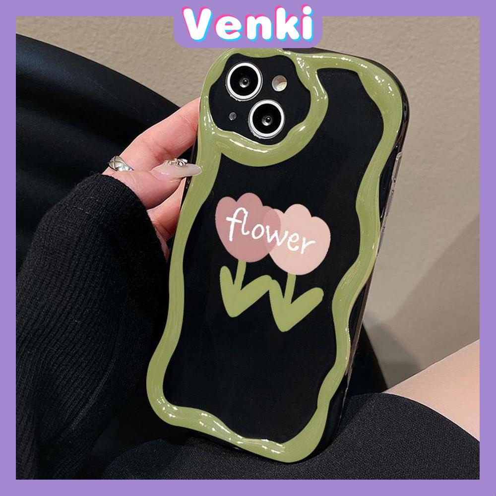 VENKI - For iPhone 11 iPhone Case 3D Curved Edge Wave TPU Airbag Shockproof Camera Cover Glossy Black Flower Compatible with iPhone 14 13 Pro max 12 Pro Max xr xs max 7Plus 8Plus