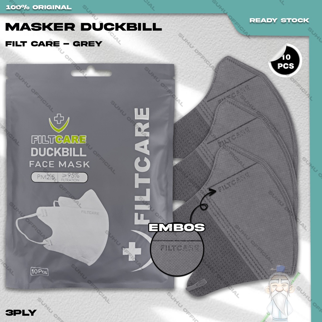 Masker Duckbil FILTCARE 3Ply Isi 10Pcs Warna Grey Abu Gelap Duckbill Earloop Surgical Mask Kemenkes