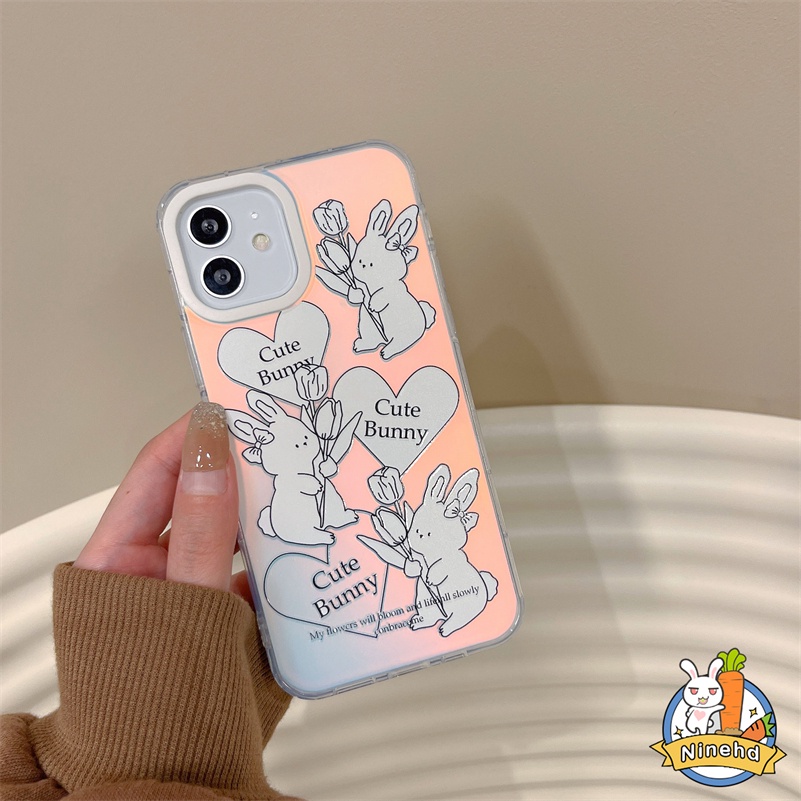 IPHONE Ins Gradien Casing Laser Kompatibel Untuk Iphone14 13 12 11 Pro Max X Xr Xs Max 8 7 6 Plus SE 2020 Kreatif Lukisan Kelinci Shockproof Phone Case Tepi Lurus Akrilik Hard Case