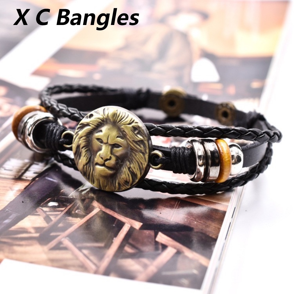 [X C Gelang] Baru Singa Afrika Gelang Hitam Kulit Vintage Hip Hop Punk Gelang Kulit Lengan Manik-Manik Multilayer Zinc Alloy Anyaman Gelang