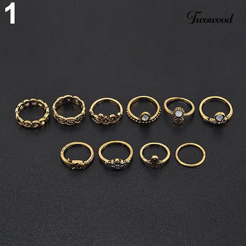 Twowood 10Pcs/Set Retro Boho Gajah Bunga Bulan Diatas Buku Jari Midi Cincin Perhiasan