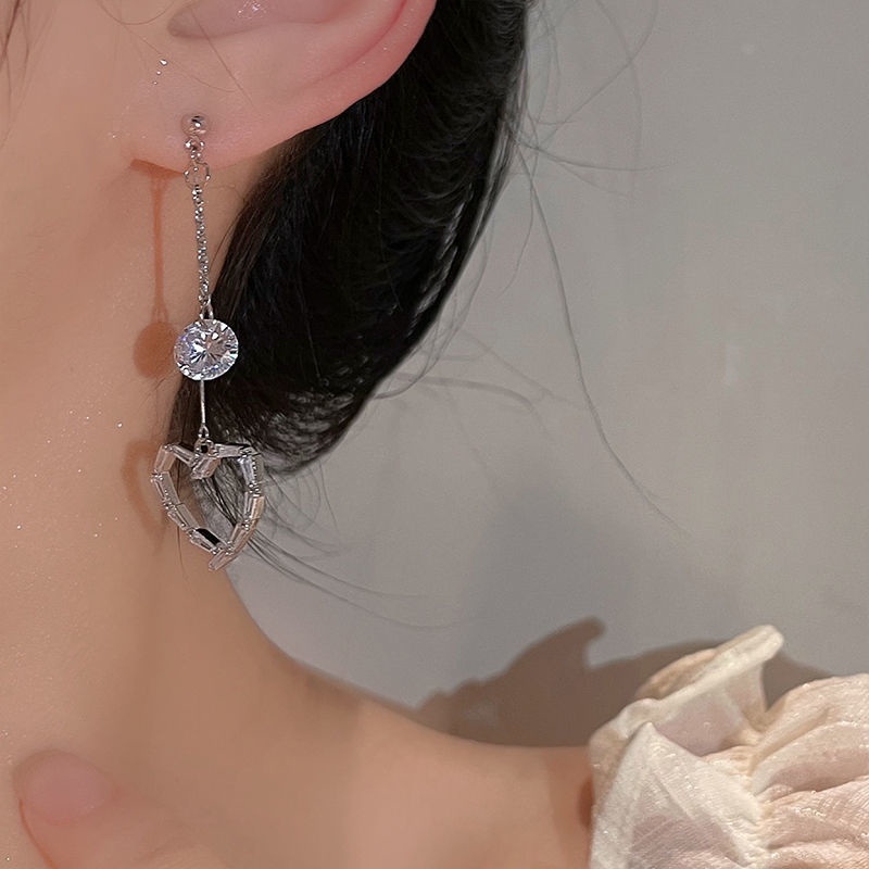Anting Cinta Rumbai Kristal Bertatahkan Berlian Zirkon Mewah Ringan Gantung Panjang