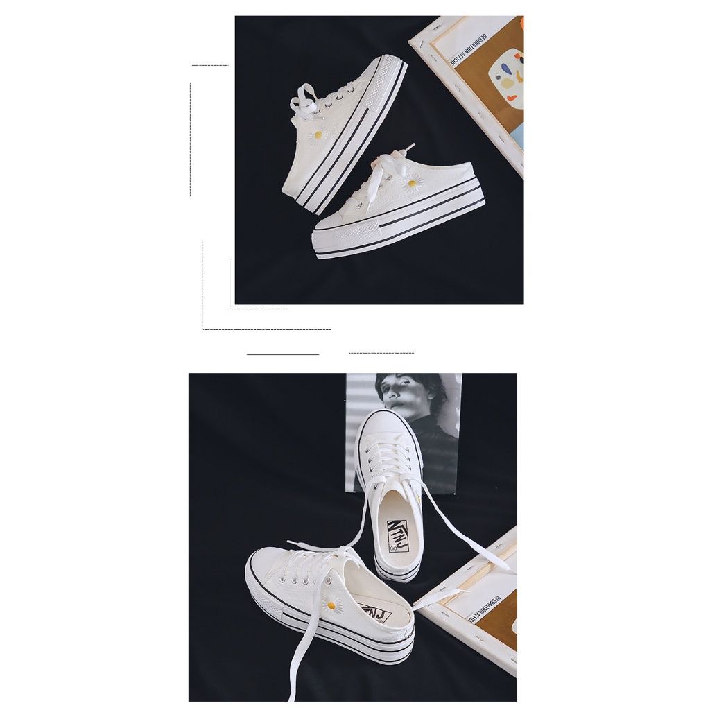 𝐄𝐁𝐒 ✅ COD SEP031 (Tanpa Kotak) Sepatu Sneakers Wanita Setengah Motif Bunga Daisy Sporty Bahan Kanvas Model Korea Fashion Casual Sport Olahraga Import COD