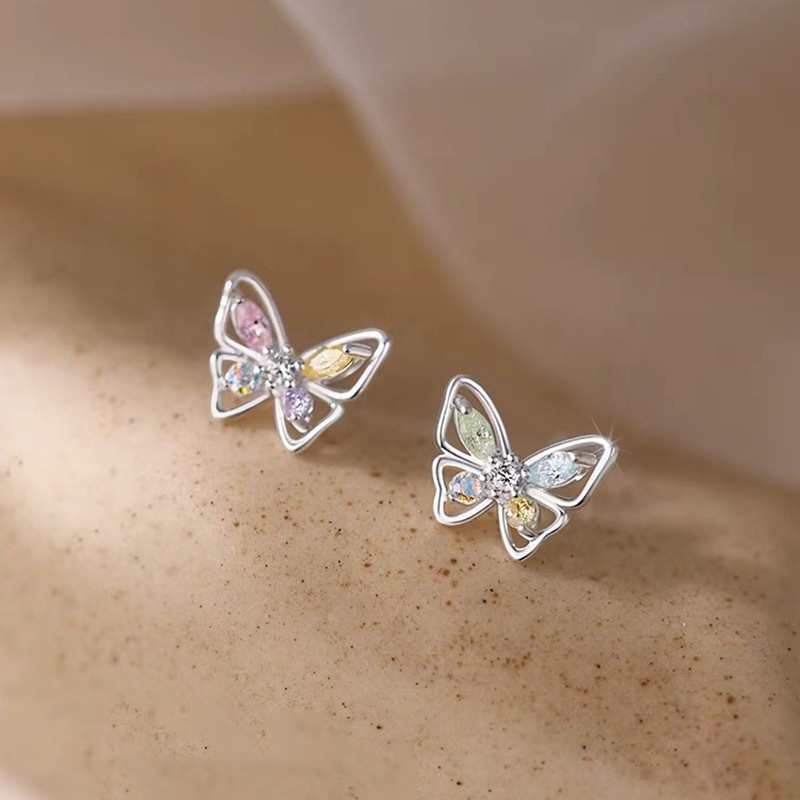 Ay (CN) Anting Tusuk Kristal Warna-Warni Butterfly Silver Earrings Untuk Aksesoris Perhiasan Wanita