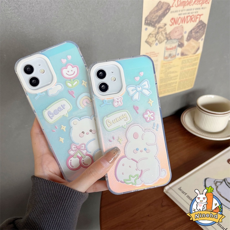 IPHONE Casing Hard Case Bening Tahan Guncangan Mewah Kompatibel Untuk Iphone14 13 12 11 Pro Max X Xr Xs Max8 7 6 Plus SE Kartun Beruang Lucu Casing Ponsel Laser Akrilik Lapisan Ganda Armor Cover Pelindung