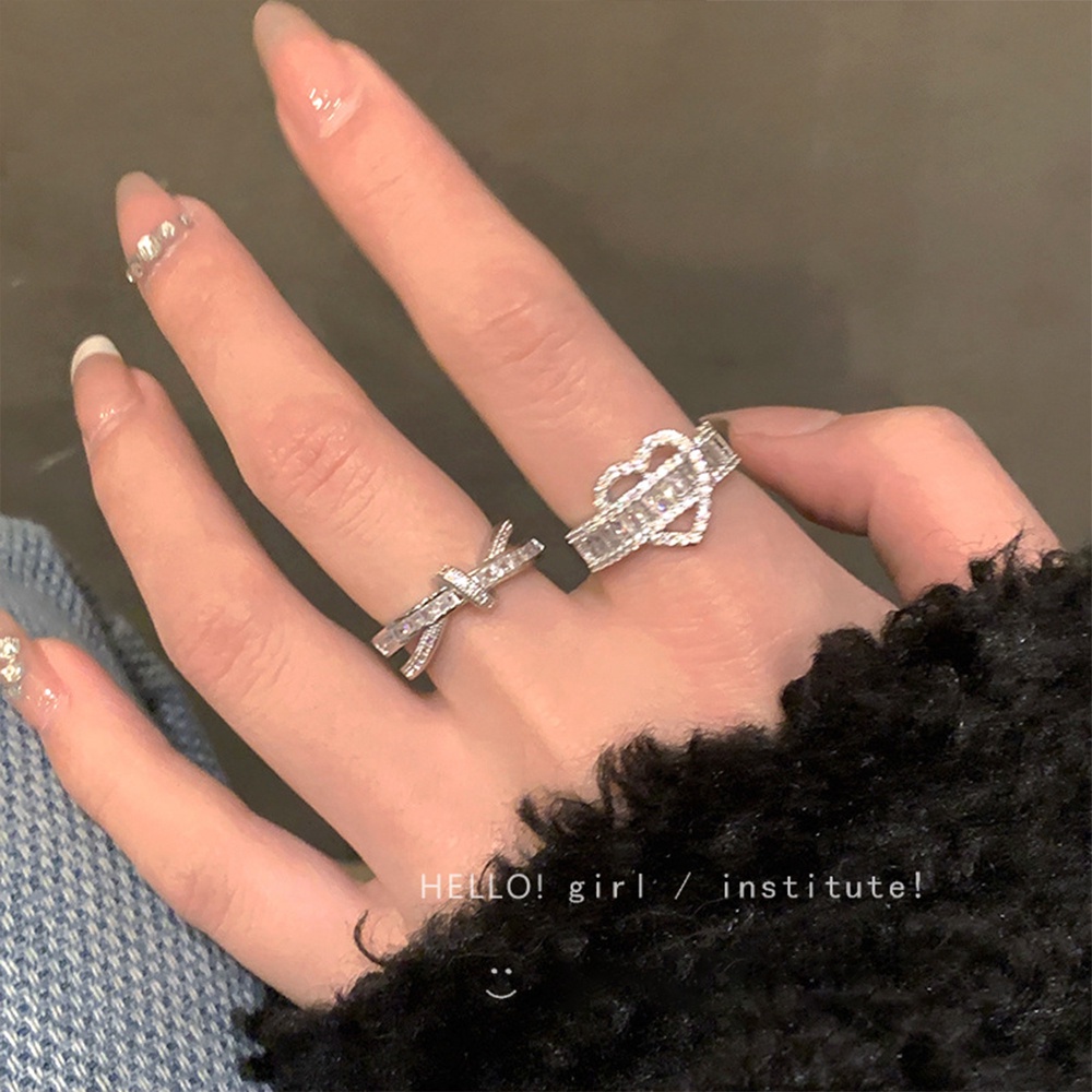 Ifyou Cincin Salib Busur Hati Berkilau Kristal Silver Rings Untuk Aksesoris Perhiasan Wanita