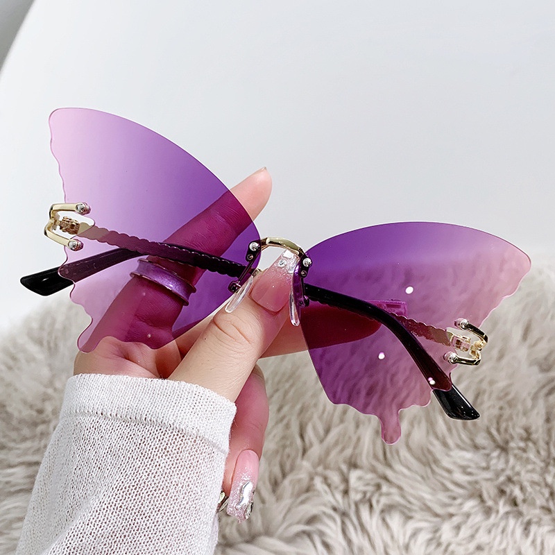 (YUZHU) Western Fashion Butterfly Rimless Sunglasses Kacamata Hitam Gradasi Berlian Untuk Wanita