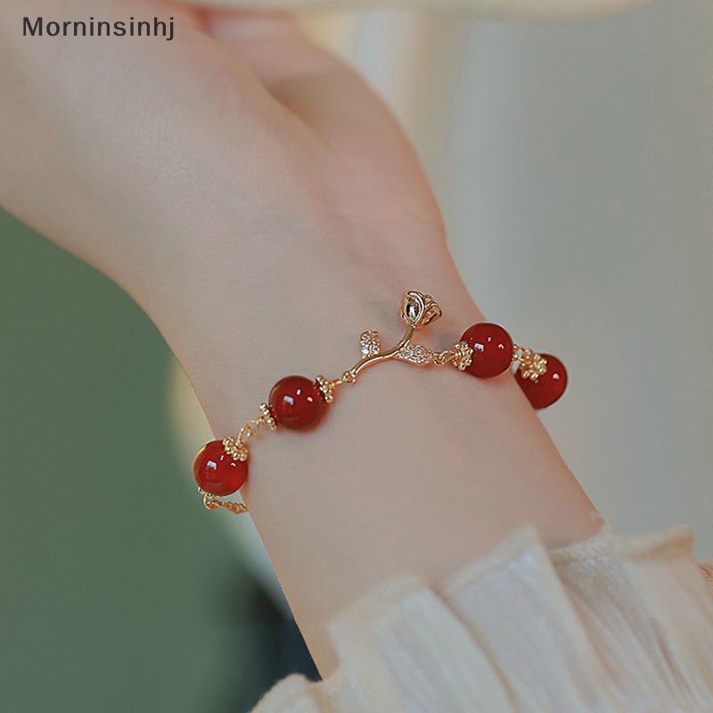 Mornin Golden Rose Natural Red Agate Round Beads Adjustable Gelang Wanita Ornamen Gaya Lembut Perhiasan Halus Hadiah id