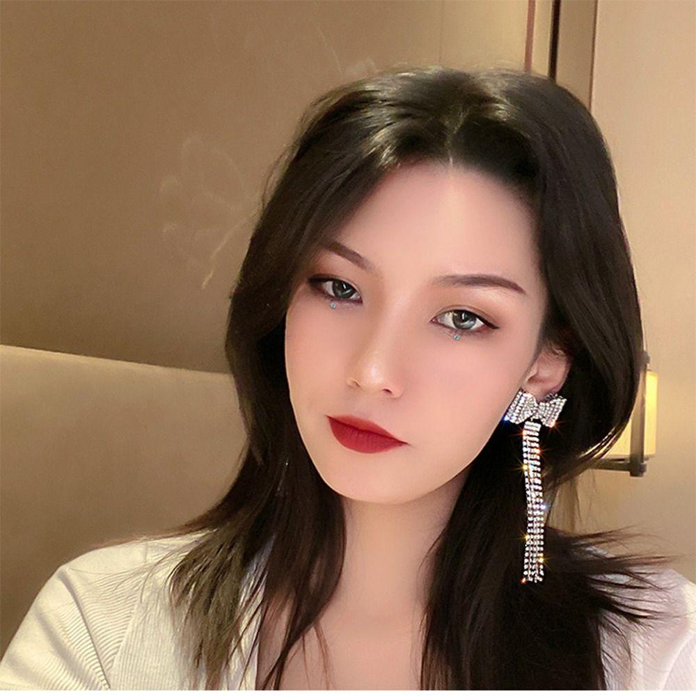 Mxbeauty Wanita Drop Anting Elegan Pesona Indah Panjang Rumbai Gadis Hadiah Busur-Simpul Berlian Imitasi Temperamen Gaya Korea Menjuntai Anting-Anting